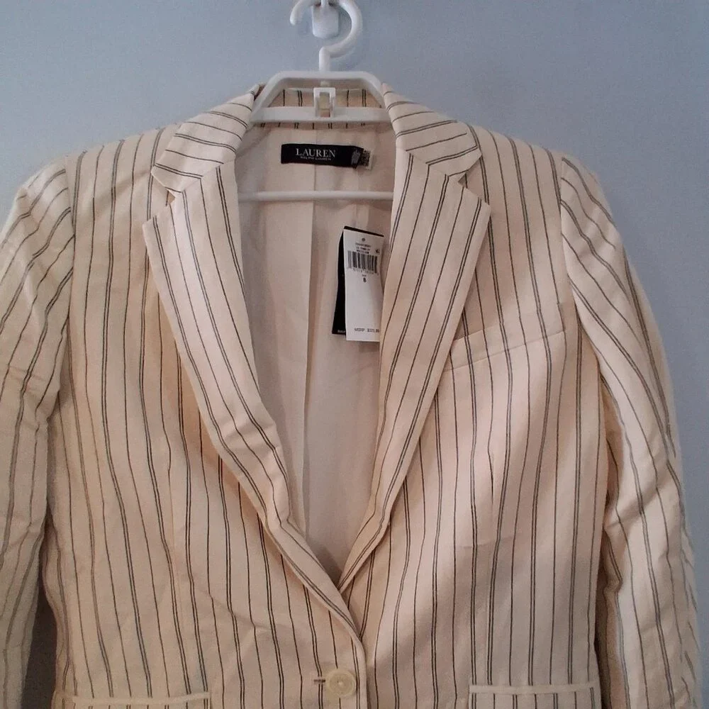 Lauren Ralph Lauren nwt Blazer wmns 8 cream striped linen blend $325 black label